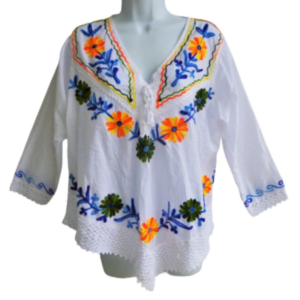 Royal Moda White Cotton Colorful Floral Embroidered Boho Peasant Top India L